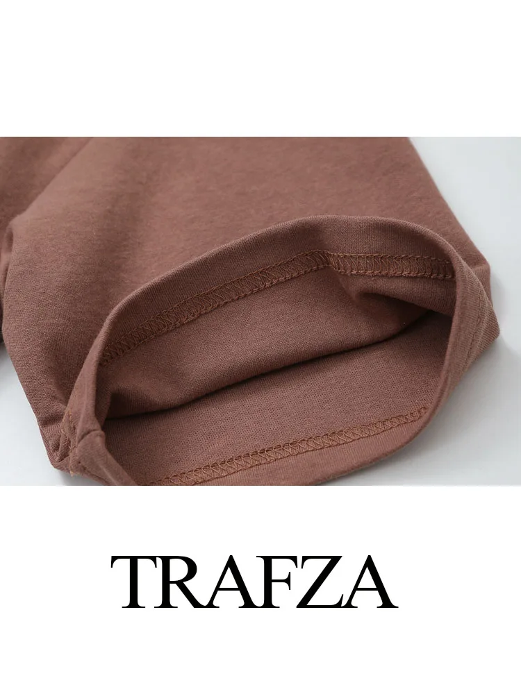 TRAFZA Women 2 Piece Set Vintage Crew Neck Solid Casual Blouse Top+Side Pocket Elastic Waist Wide Leg Trouser 3 Color Mujer TRAF