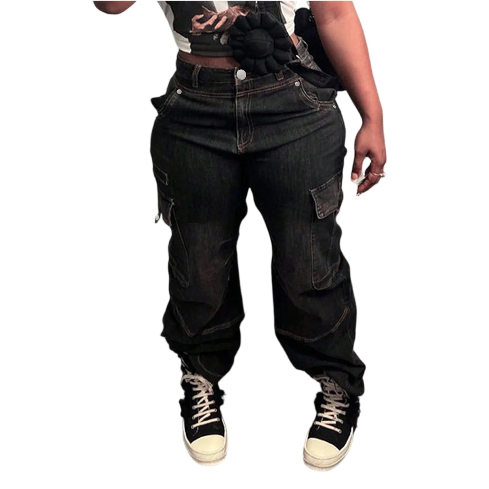 

American Retro Hip Hop Washed Jeans Women Loose Multi Pocket Denim Trousers Work Wear Casual Streetwear Cargo Pants Pantalones