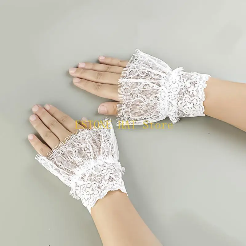 49MF Women Pleated Lace Hook Arm Sleeves Elegant False Arm Sleeves Elastic Wrist Cuff