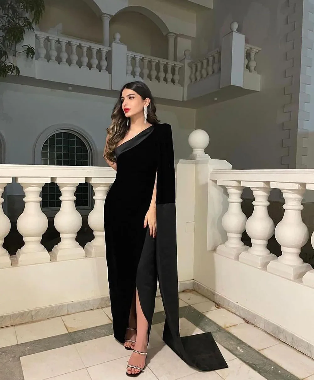 Msikoods One Shoulder Black Formal Evening Dresses 2024 Side Split Big-Night Party Dress Long Sleeves Banquet Women Gown