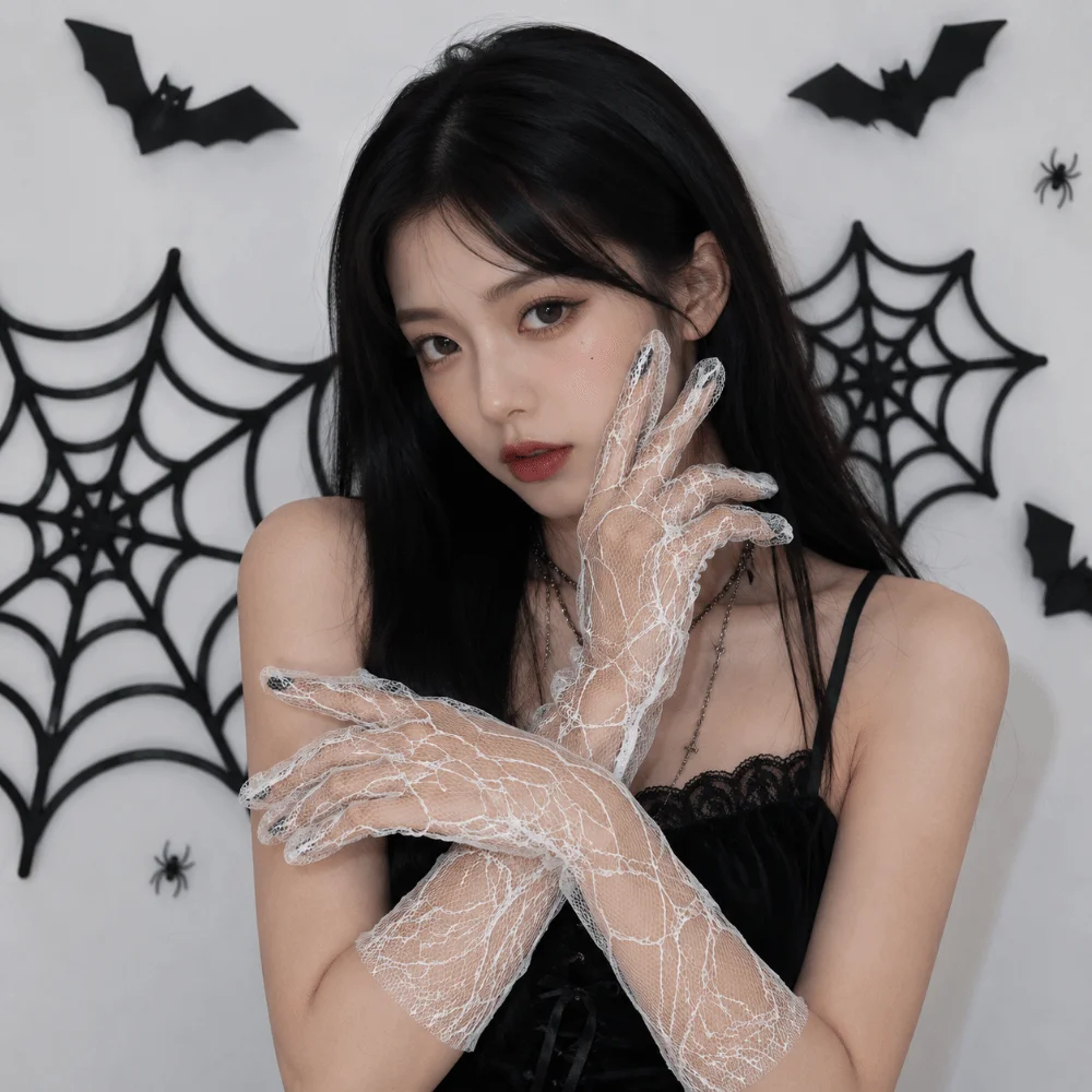Breathable Solid Color Spider Web Gloves Gauze Mesh Women Driving Gloves Transparent Dark Series Long Mittens Girls