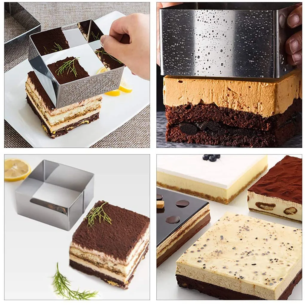 Conjunto de 3 anéis de moldes de bolo, molde quadrado de mousse, anel de bolo de aço inoxidável, anel de sobremesa antiaderente, ferramenta de cozimento de molde de pastelaria