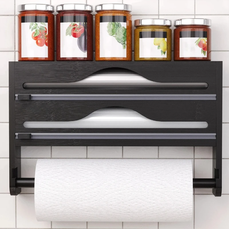 

Bamboo Kitchen Organzier, Clingfilm & Foil Dispenser with Cutter, Wall-Mounted Storage Holder for Kitchen & Dining Room