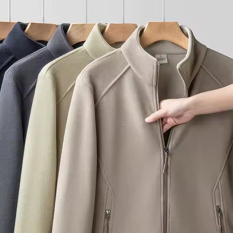 CHRLCK Large Size Mens Fleece Jacket Spring/Autumn Windproof Stand Collar Casual Jackets Winter Plush Thickened Warm Fleece Coat