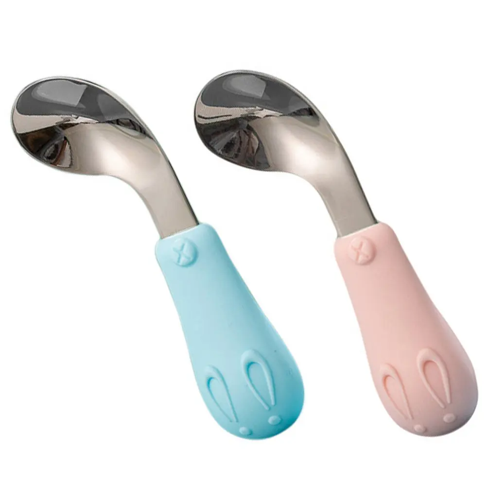 

2Pcs Baby Feeding Spoons Food Grade Silicone Stainless Steel Soft Toddler Feeding Utensils Training Tableware