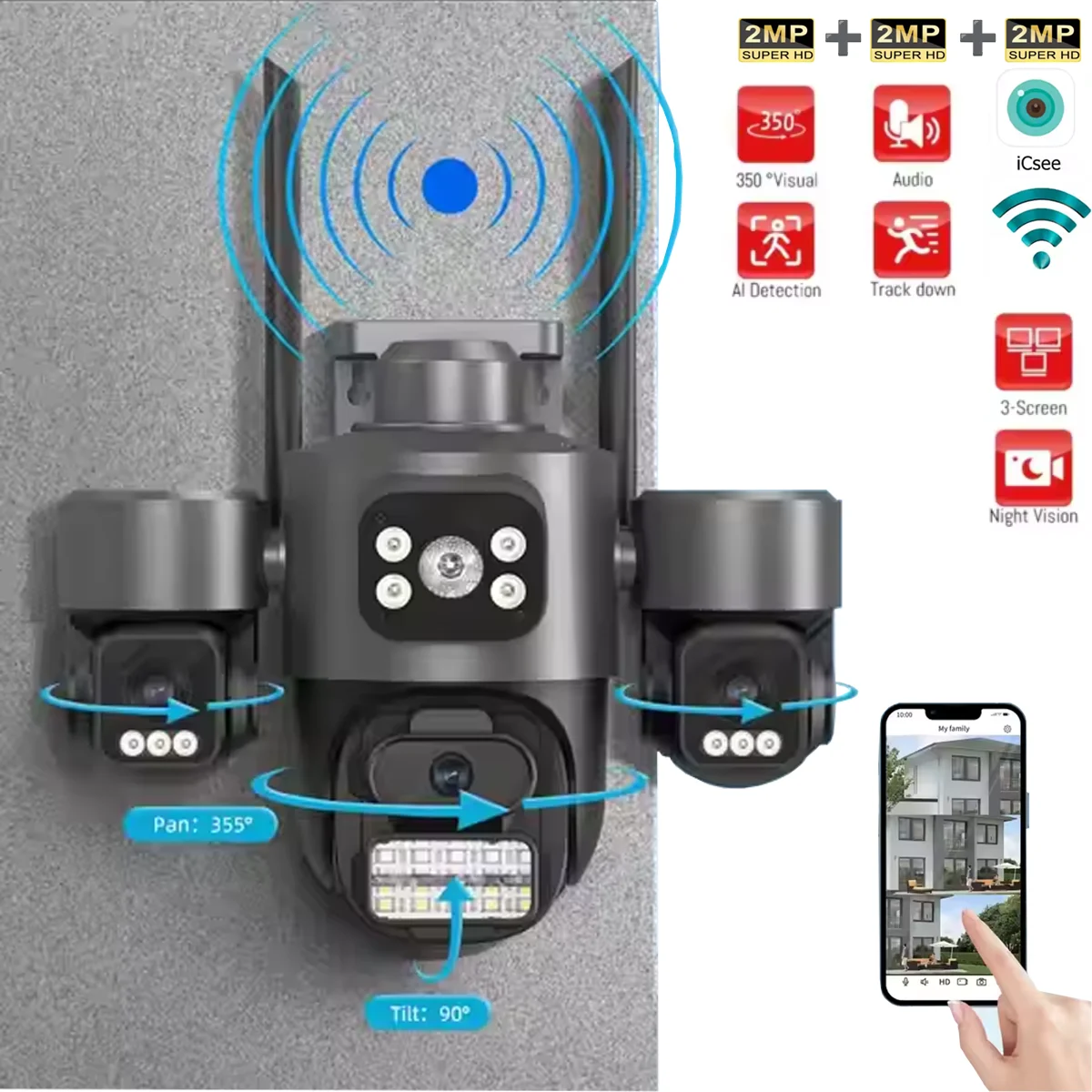 

6MP Triple Camera Solar PTZ 355°, 3-Screen View, Spotlight & Siren Alarm, Full Color Night Vision, WiFi/Bluetooth/RJ45, IP66