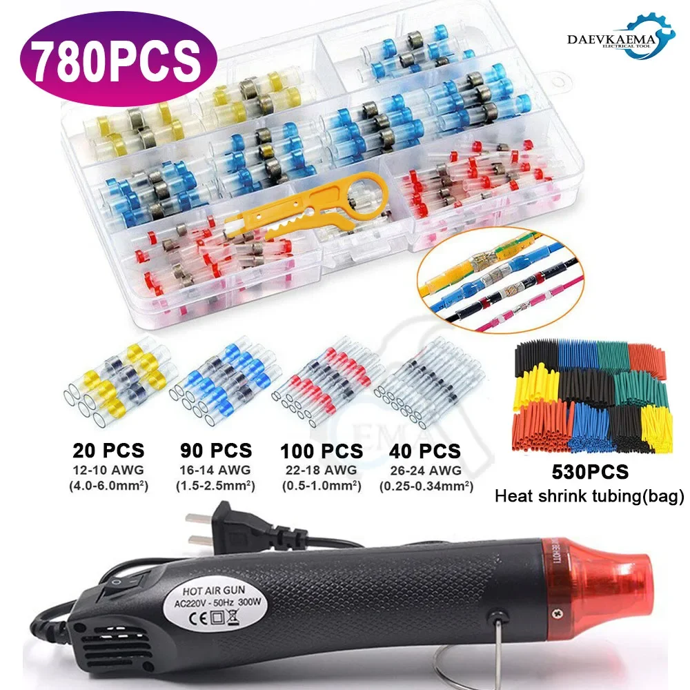 250 peças conector de fio de vedação de solda 530 peças kit de conector de extremidade de tubo termo retrátil automotivo marinho isolado com pistola de ar quente de 300w