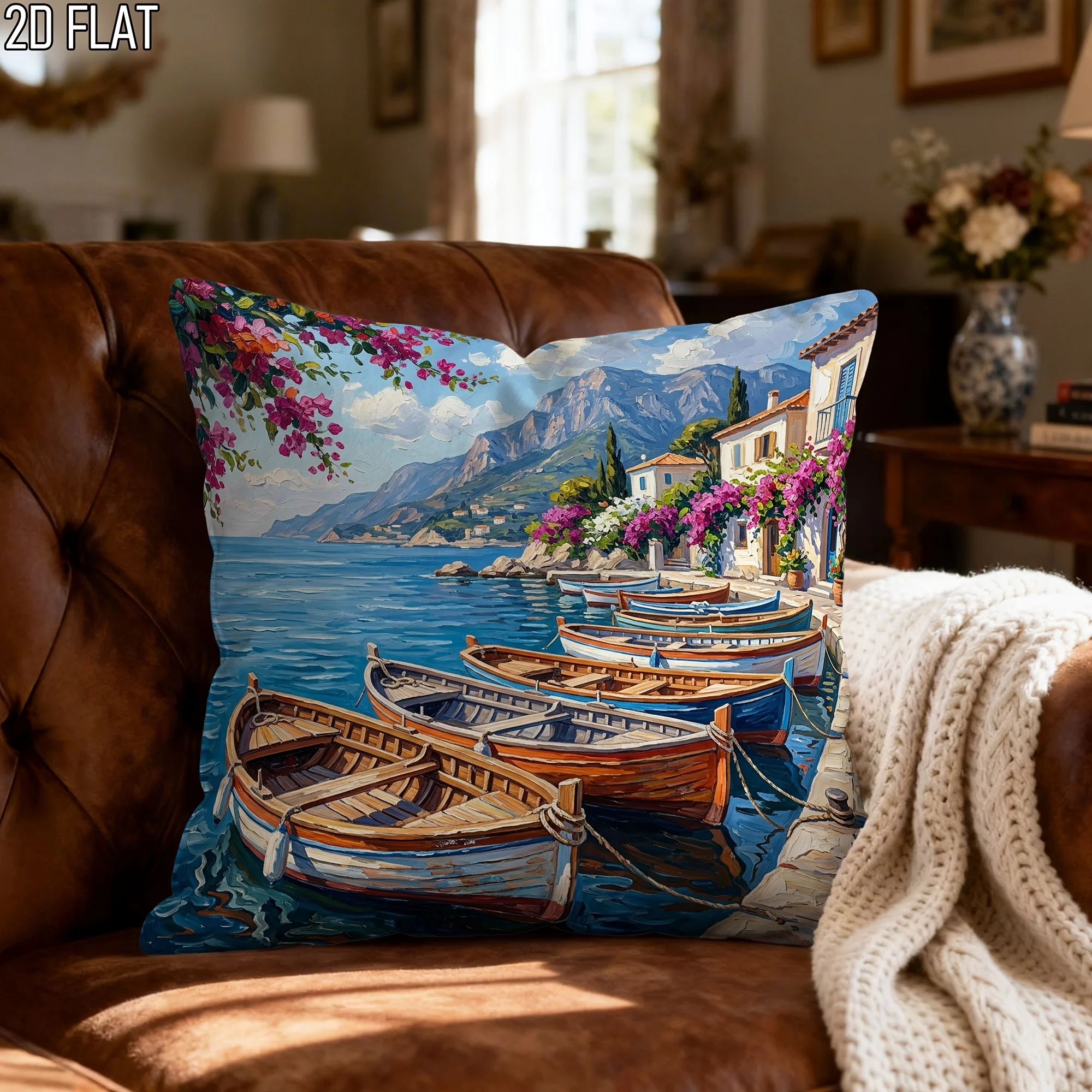 1pc 2D Flat Pillow Not Included Italian Coastal Village Boats Bougainvillea Cushion Cover Short Plush Mediterranean Decor Gift