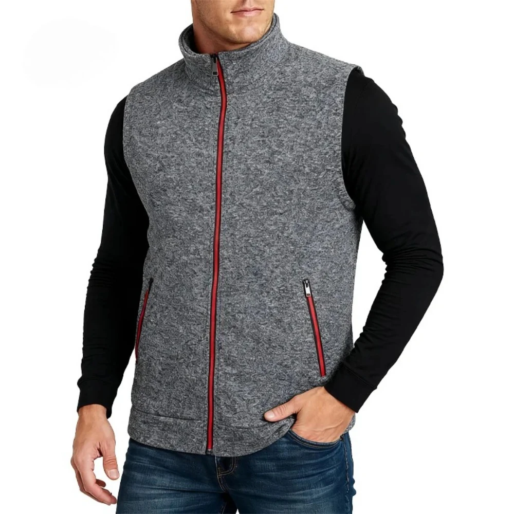 Everyday Casual Men Marled Fleece Zipper Vest Stand Collar Sleeveless Jacket Durable Zipper Design Storage Pockets Thermal