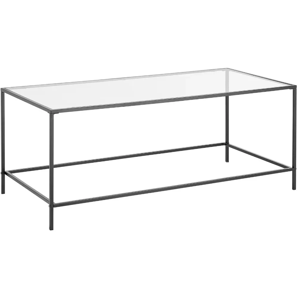 Glass Top Coffee Table - Large Minimalistic Rectangular Geometric Metal Accent Furniture Unit for Living Room  Home Office