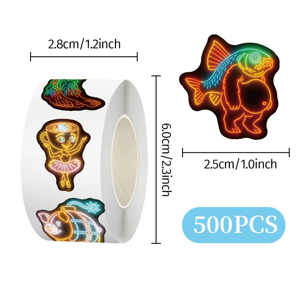 500Pcs/Roll Italian Brainrot Meme Neon Stickers Funny Abstract TungTungSahur Tralalero Package Sealing DIY PVC Laptop Decals