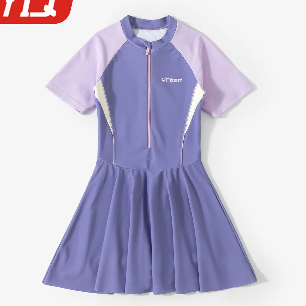 Girls' Children's One-Piece Dress Swimsuit Color Blocked Quick Drying One-Piece Summer Swimming Pool Hot Spring Beach Swimsuit
