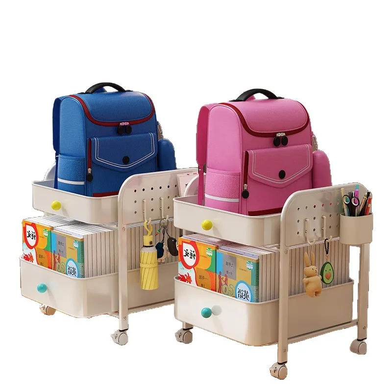 어린이 책장, 책가방 선반, 이동식 트롤리, 책 보관 랙, 테이블 아래에 풀리 장치가 있는 다층형