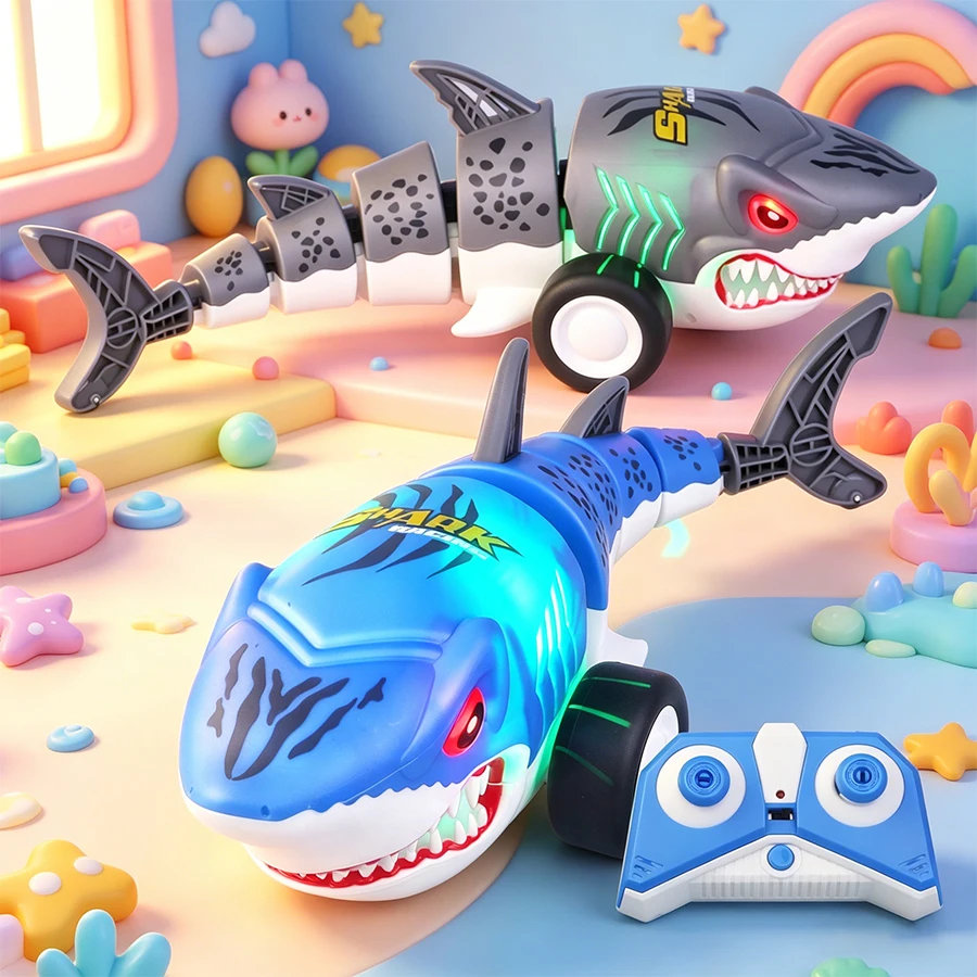 2.4g Remote Control Car Shark Educational Assembly Science and Innovation Light-Up Electric Crawling Toy Gift for Children Boys and Girls