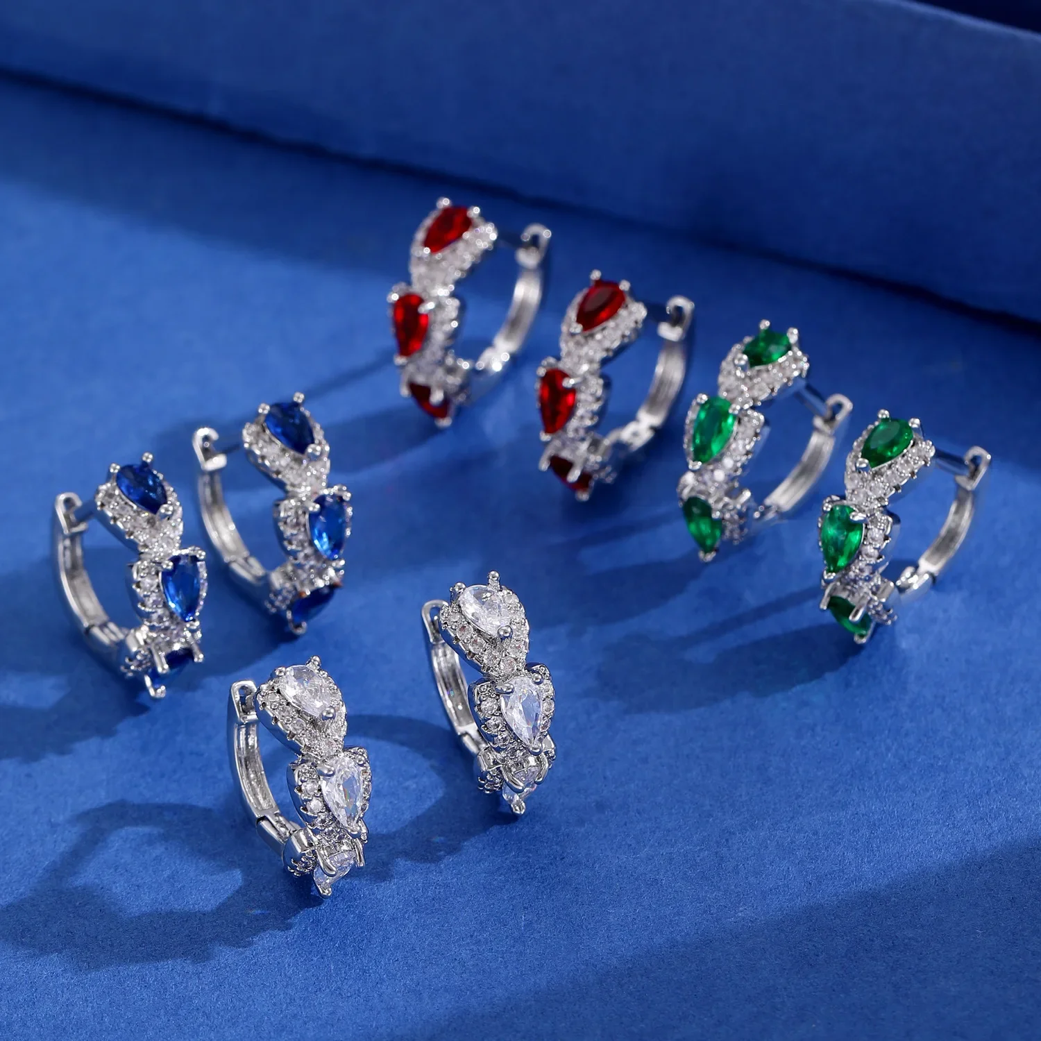 Luxury Stunning Zircon Hoop Earrings for Women Klein Blue Green Red Color Water Drop Statement Small Huggies Wedding Jewelry