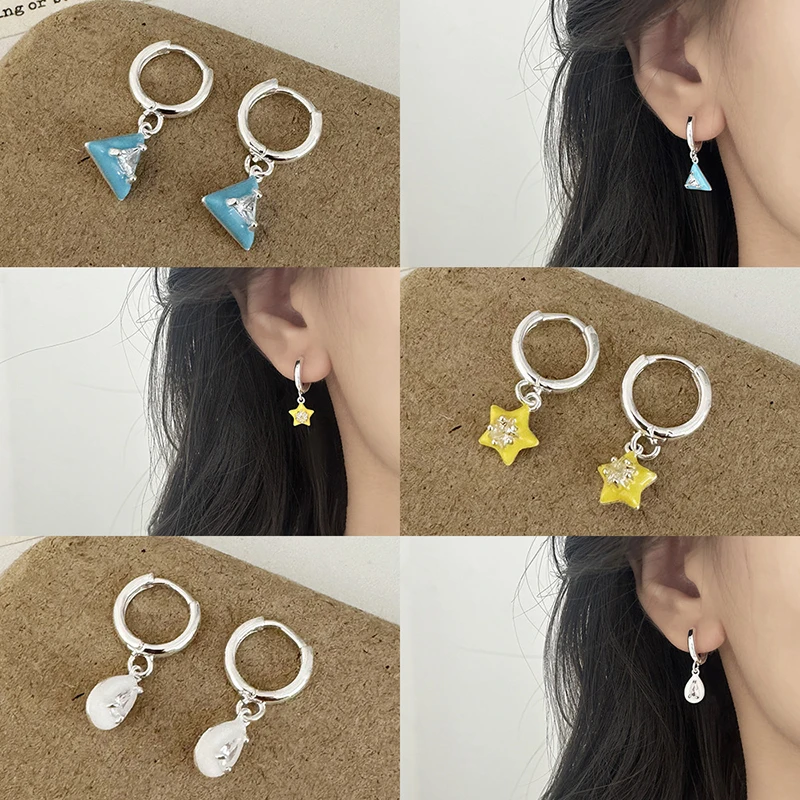 PONYKISS 티베트어 실버 지르콘 에나멜 하트 스퀘어 스타 워터 드롭 후프 귀걸이 여성을위한 유행 패션 쥬얼리 액세서리