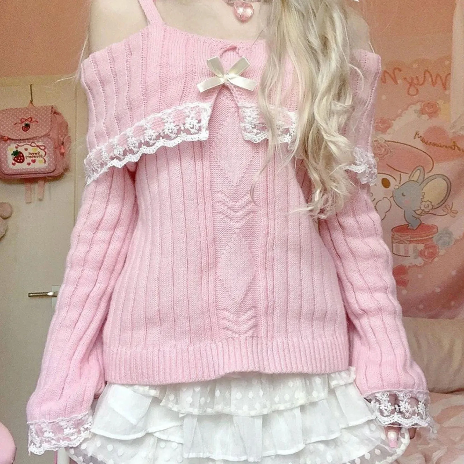 Women Off Shoulder Sweaters Knitted Pullover Cottage Fairy 00s Vintage Japanese Sweater Kawaii Lace Bow Fairy Y2K Winter Jumpers