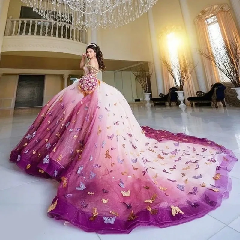 

Colorful 3D Butterfly Quinceanera Dress 2024 Princess Off Shoulder Corset Appliques Sweet 16 Vestidos De 15 Anos YQD118