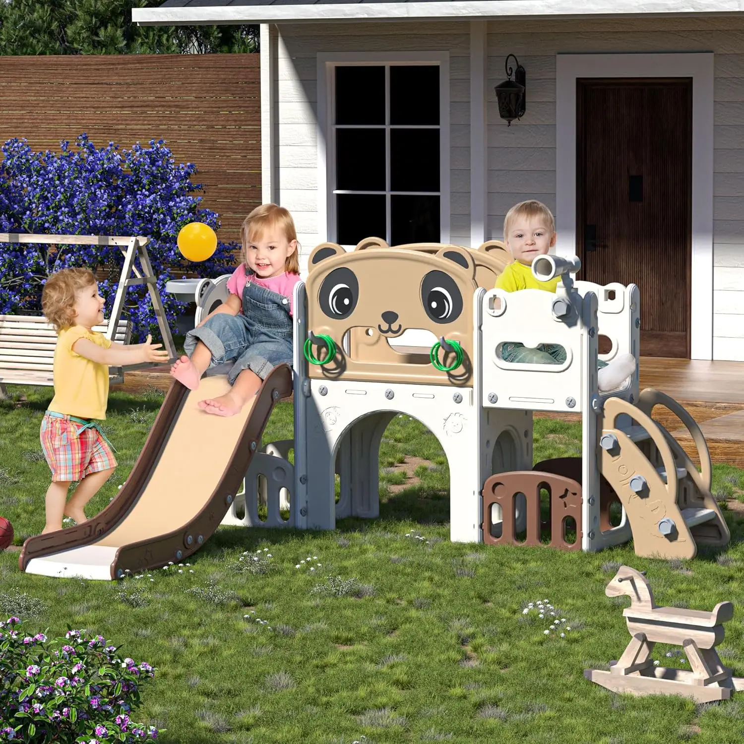 Slide and Climber Playset Indoor Outdoor Kids Slide with Basketball Hoop,Telescope and Storage Space, Freestanding Backyard Play