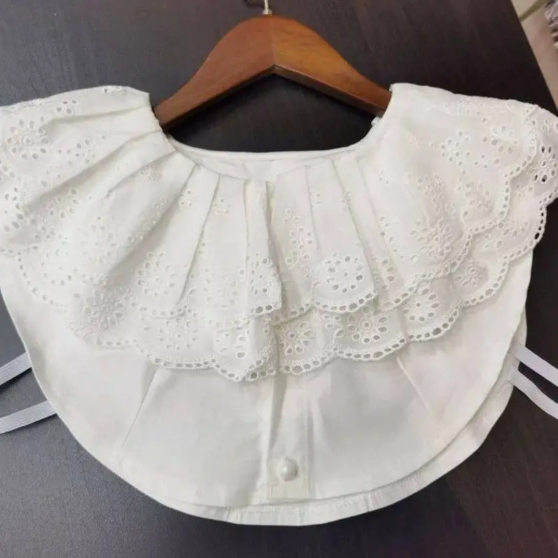Delicate Round Neck Wide Lace Fake Collar Sweater with Double Layer Hollow Embroidered Ruffle Edge Collars for Women