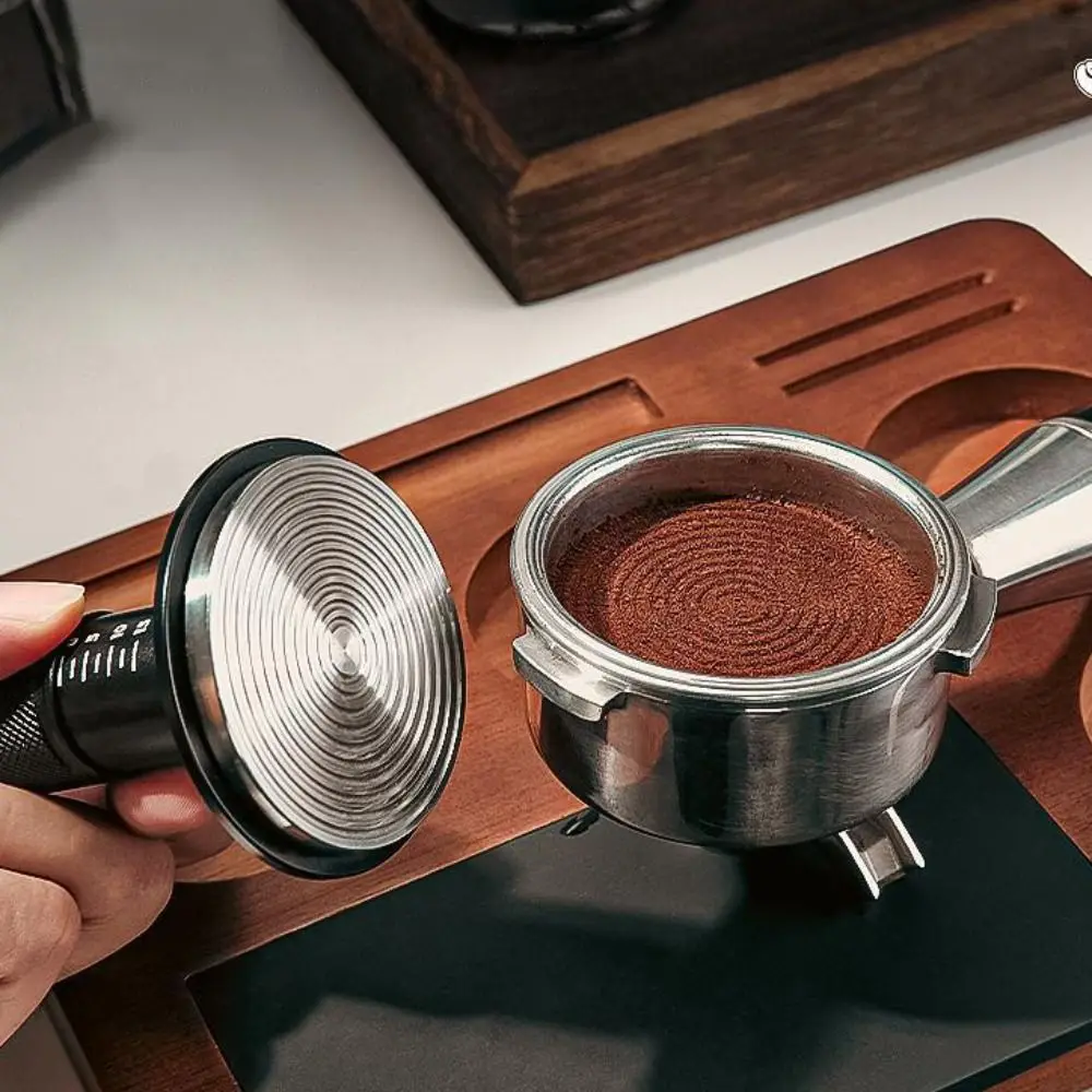 Auto Release Espresso Machine Tamper with Markings Sound Feedback Spring Loaded Tamper Walnut Handle SUS304 Coffee Powder Hammer