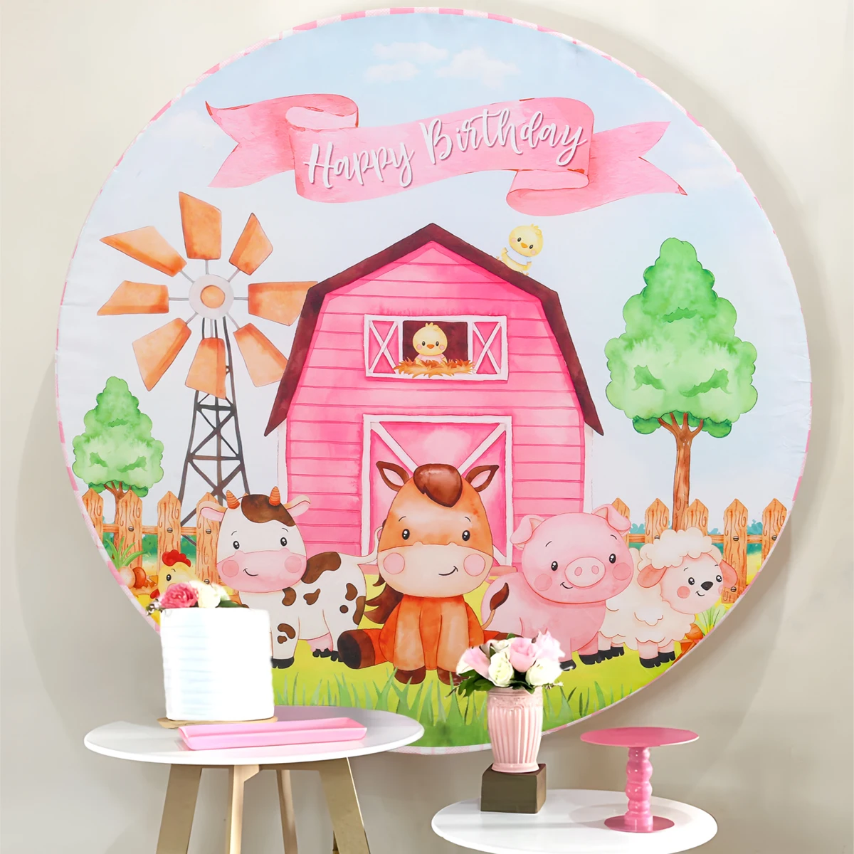 Round Birthday Party Backdrops Unicorn Dinosaur Flamingo Farm Animal Birthday Party Decor Baby Shower Circle Photo Background