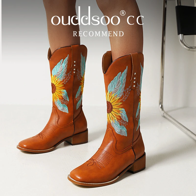 

Ods Retro Embroidered Mid-Calf Boots Retro Embroider Western Boots for Women Medium Heels Pull-on Embroidery Cowgirl Boots 41 43