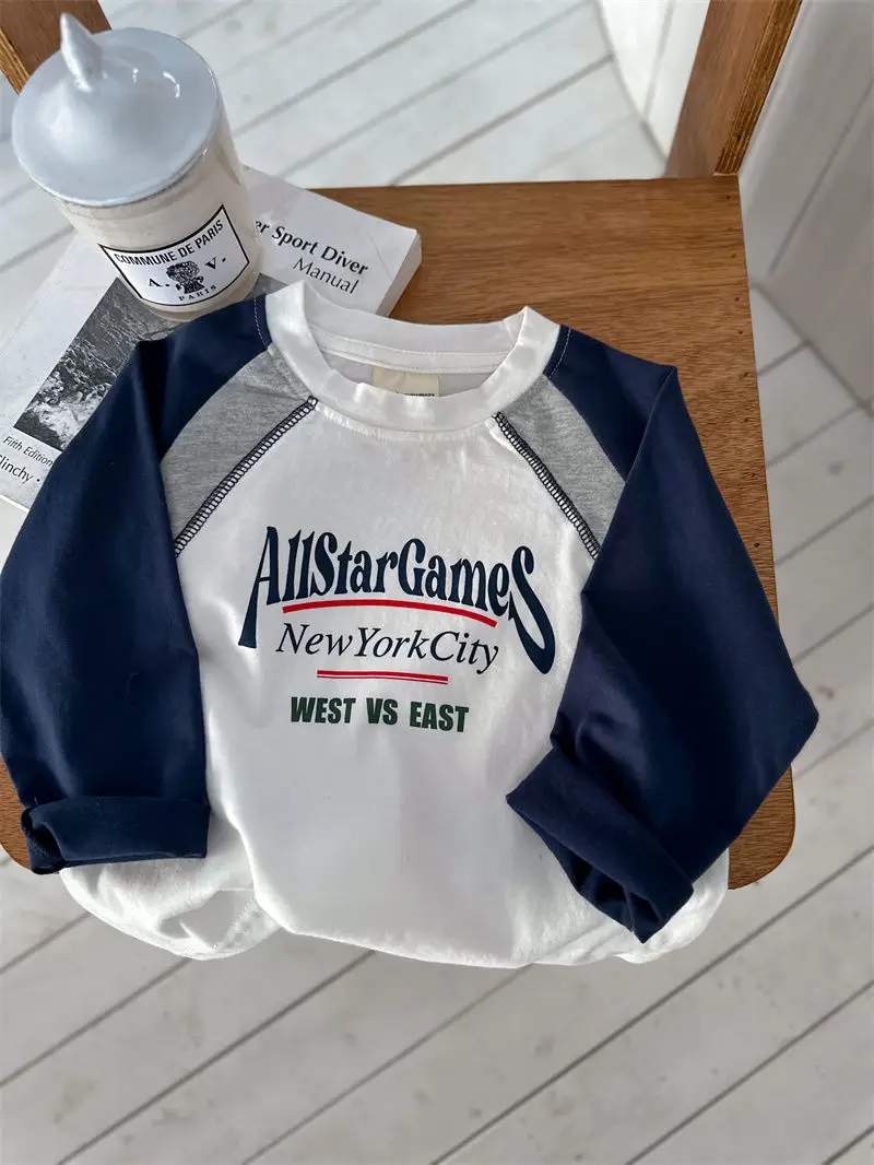Spring Children's 2026 New Splicing Color Insertion Cotton Long Sleeve Handsome Boys' T-shirt American Loose Top Trendy
