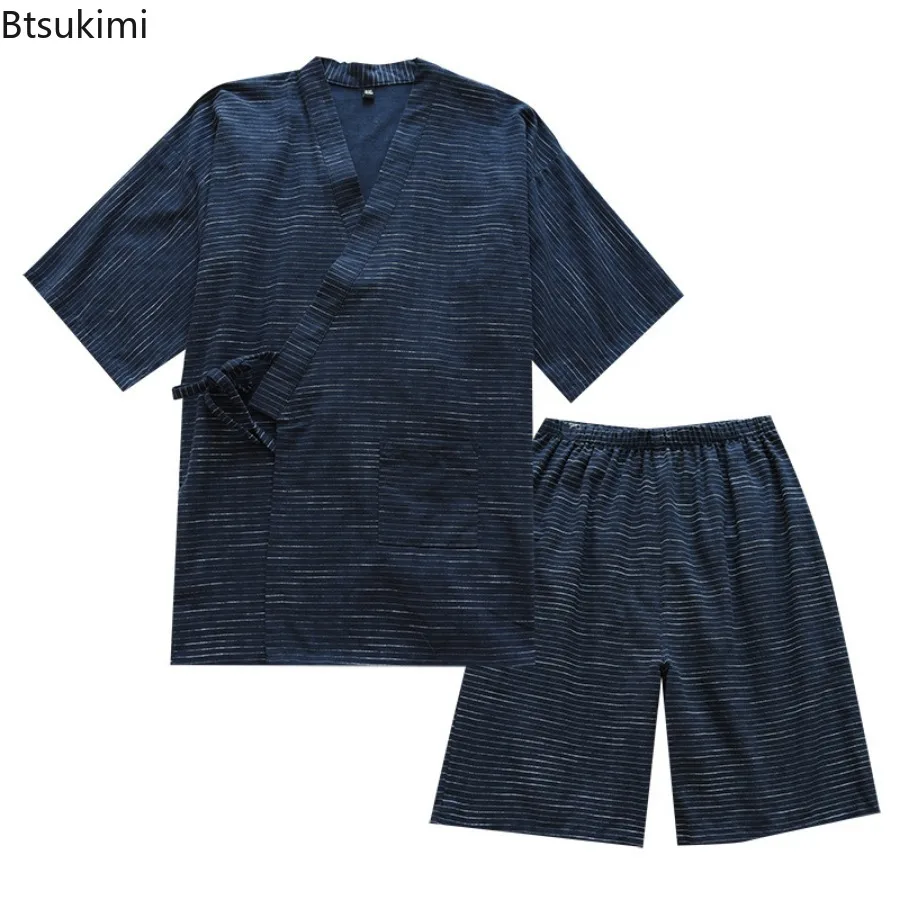 2024 Japanese Kimono Pajama Sets Men's Stripe Jacquard Loose 100% Cotton Short Sleeve Lace-up Tops+Shorts Home Sleepwear Outfits