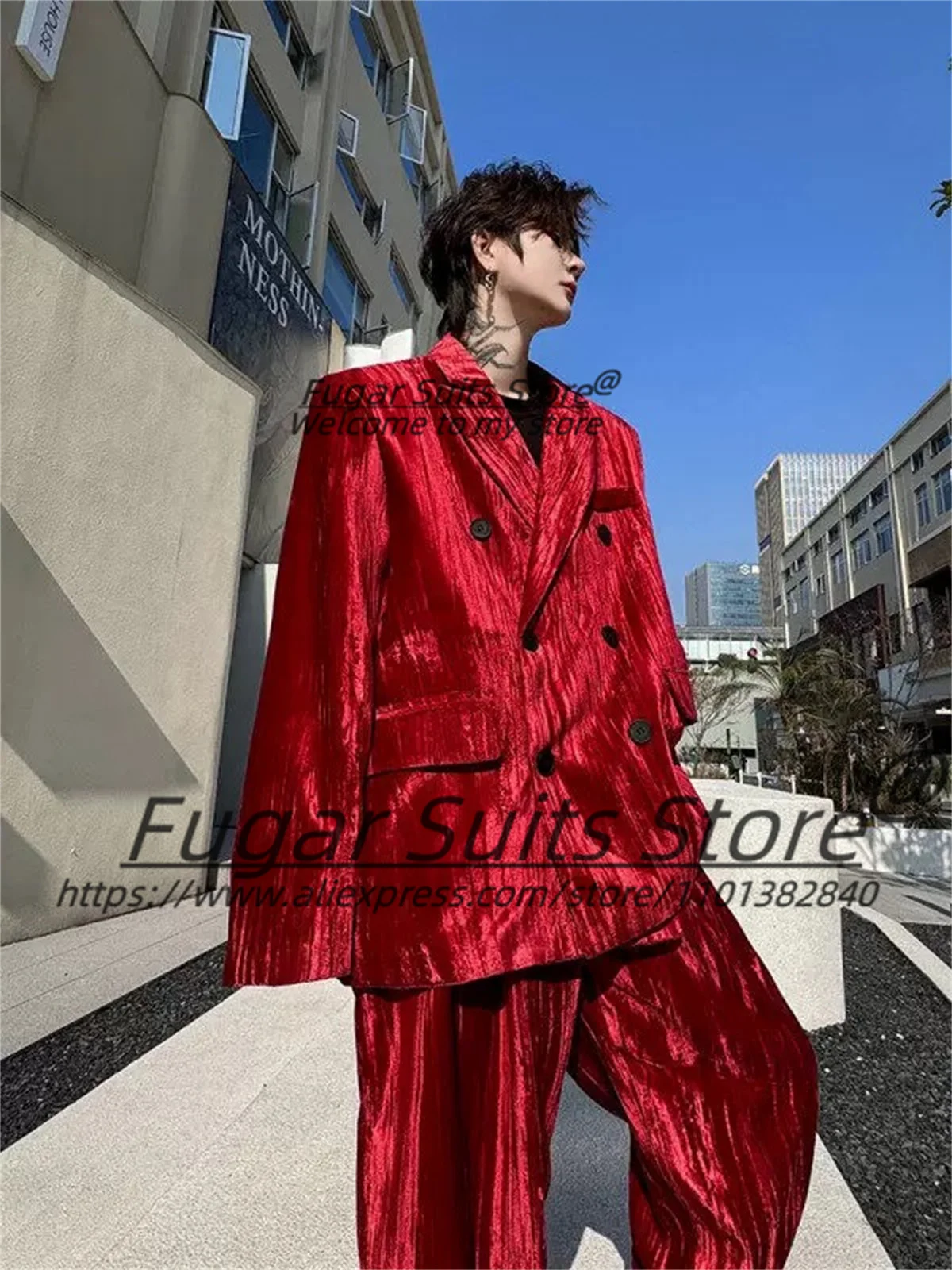 

Fashion Loose Red Men Suits Customized High-end Double Breasted Groom Wedding Tuxedos 2 Pcs Sets Male Prom Blazers Costume Homme