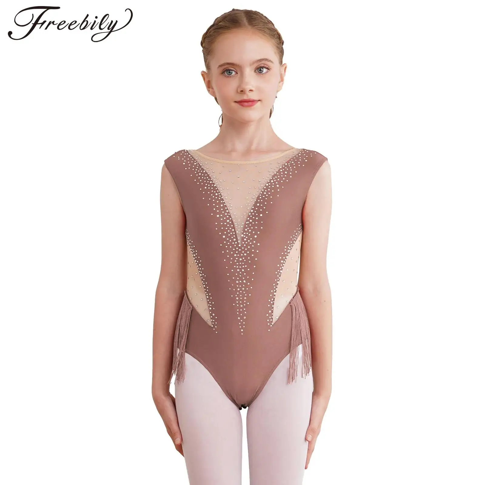 AqLeotard à franges avec pompon pour enfants, costume de batterie de danse latine, patinage artistique, combinaison pour filles, costume de performance