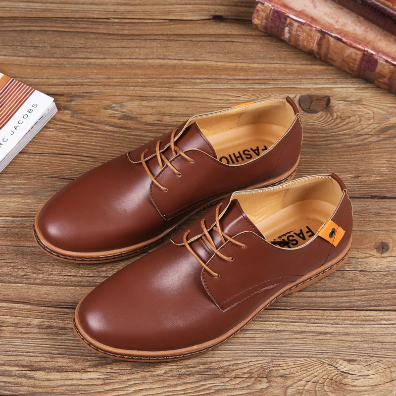 

Mens Black Faux Leather Oxford Shoes Lace Up Casual Dress Shoes With Brown Laces Comfortable Non Slip For Daily Wear And Office