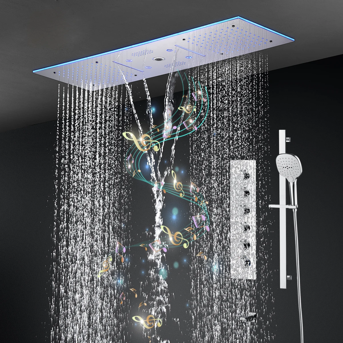 

900x300mm LED Shower Head Set Music Shower System Rain Mist Waterfall Column Thermostatic 5 Ways Diverter Valve