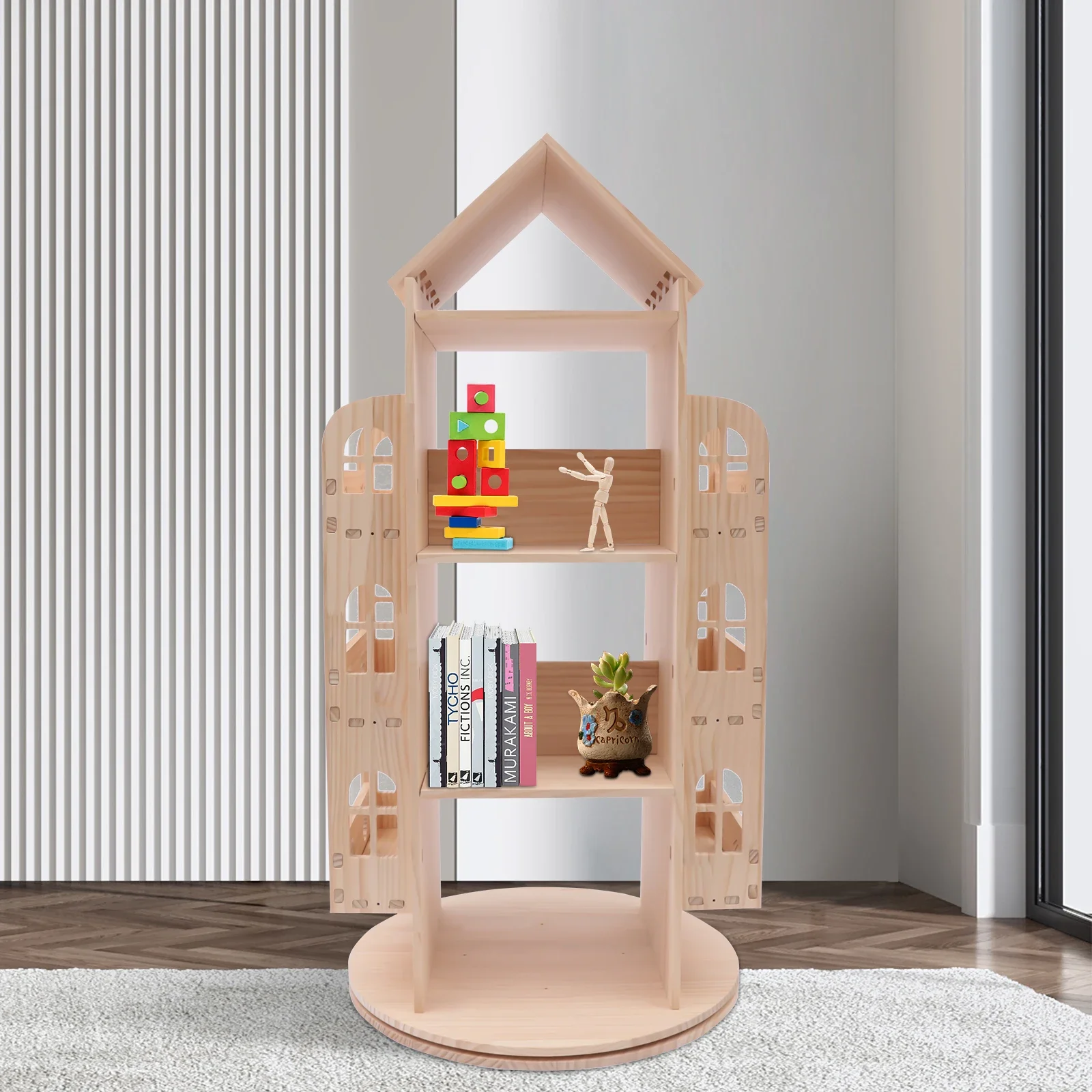 4-Tier 360° Rotating Display Bookshelf Floor Standing Bookcase Living Study Room, Large Wooden Children's Book Shelf