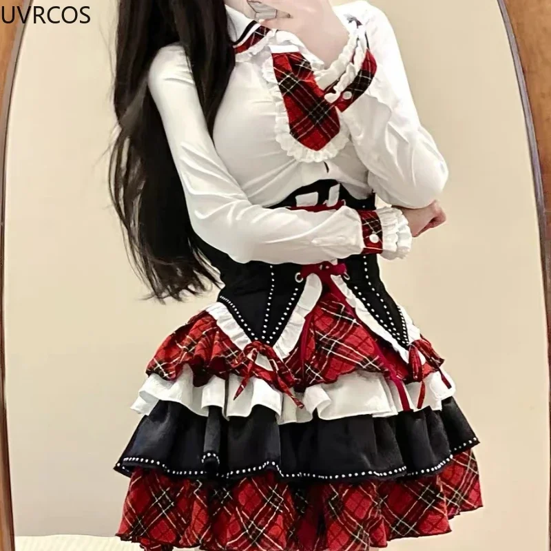 Japanese Gothic Lolita 3 Piece Set Women Plaid Patchwork Kawaii Sweet Mini Skirt Suit Female Korean Fashion Chic Y2k Outfit 2023