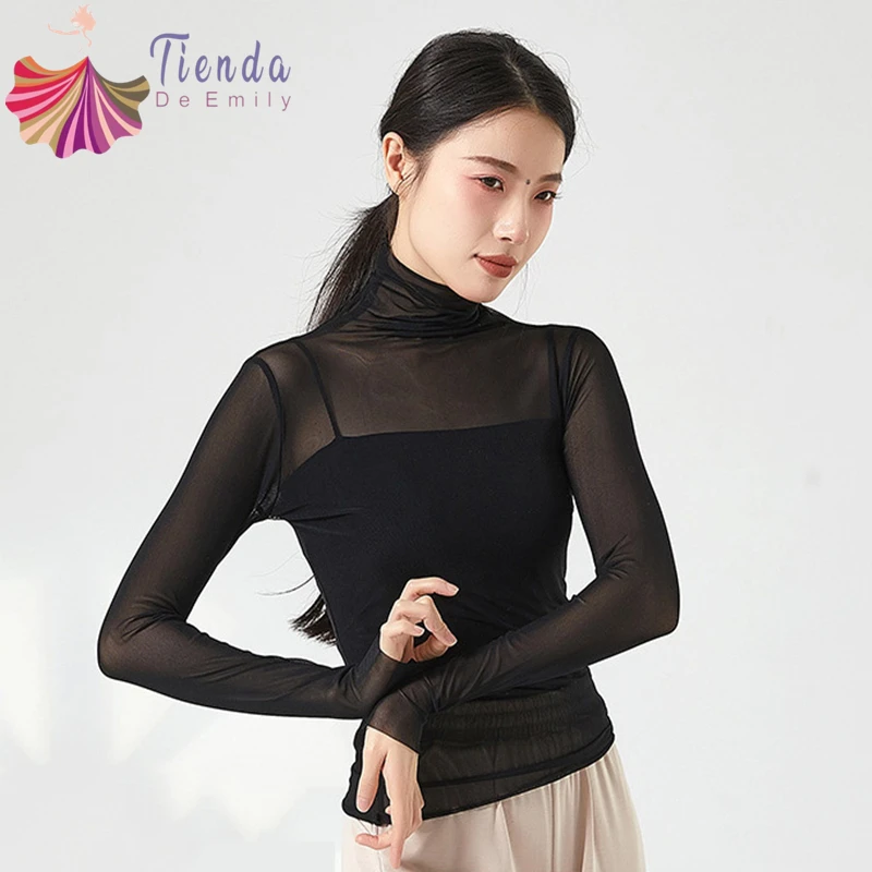 

Women Gauze Mesh Dance Top High Piled Collar Sheer Shirt See Through Tulle Blouse Long Sleeve Classical Training Outfits clothes