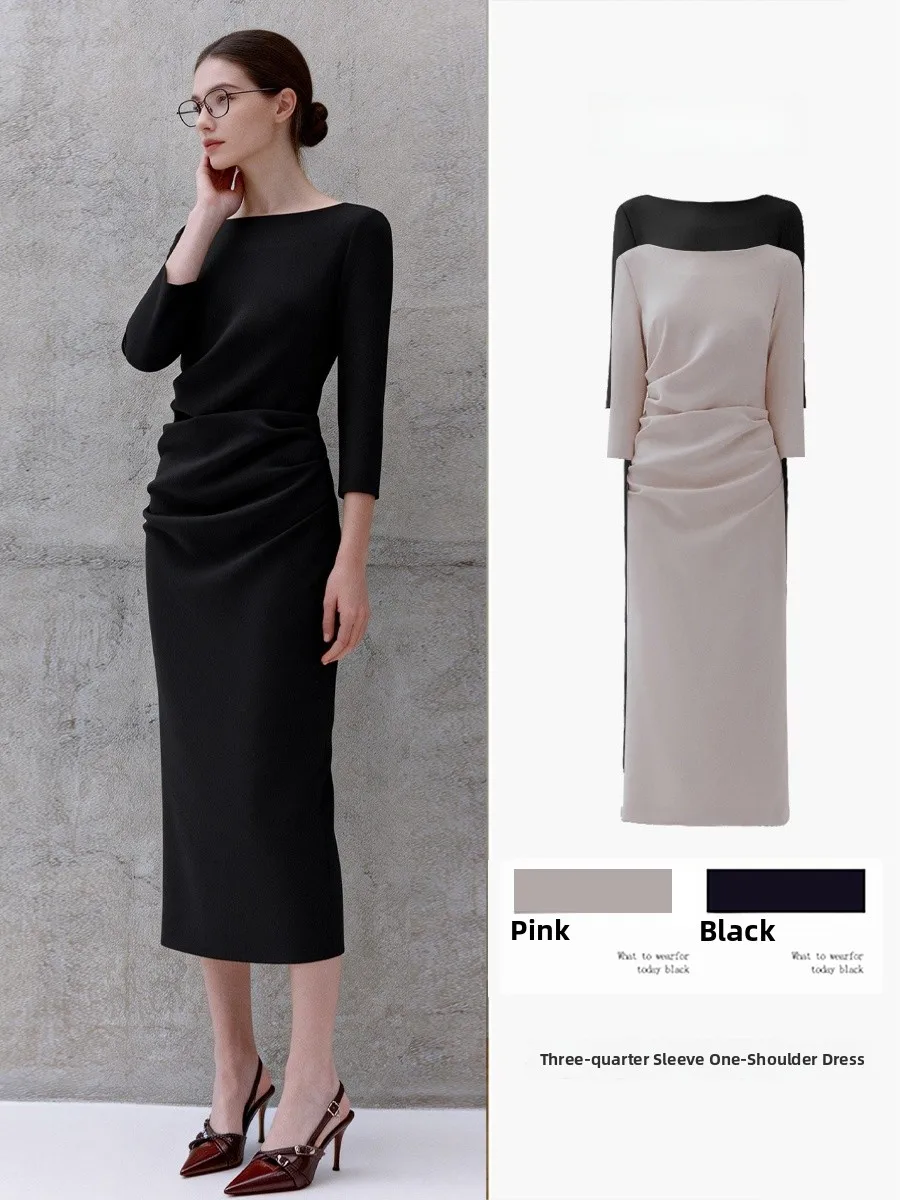 

Ele One-oulder Dr Women's Spring Autumn Slimming Waist Design Seven-Sve Bodycon Skirt Zipper Sle Polyester Fiber