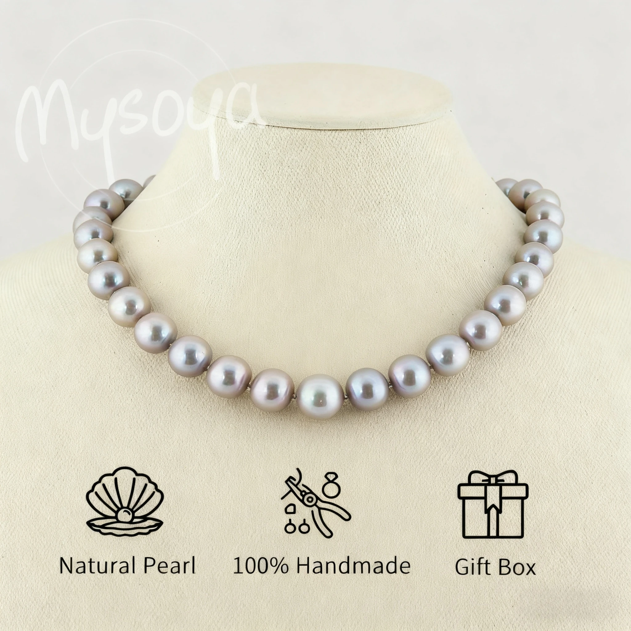 

MYSOYA 10-13mm Gray Edison Freshwater Pearl Necklace Round Clasp Gift Box Perfect Gift For Wedding Birthday Christmas New Year