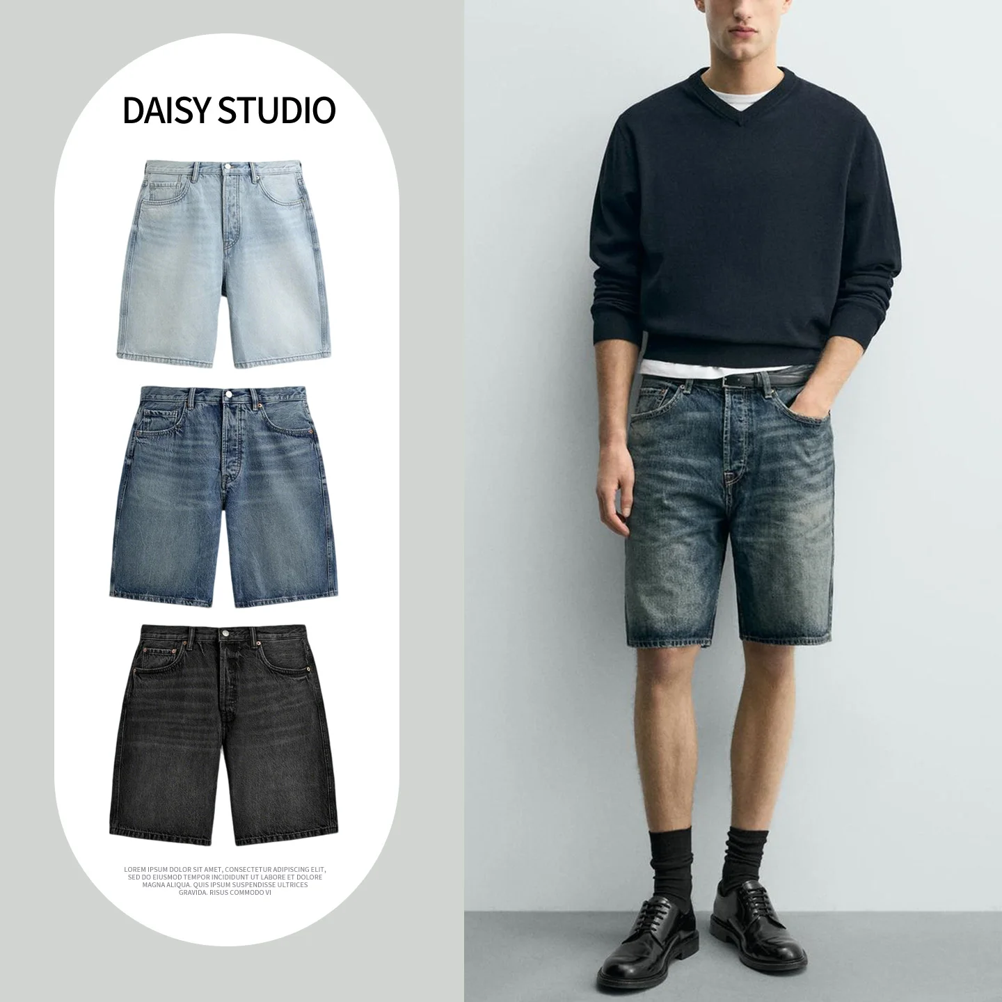 

New Summer Men's Casual Straight Leg Jeans Shorts Washed Effect Polyester Fiber mid Waist Zipper Closure No Brand Registered