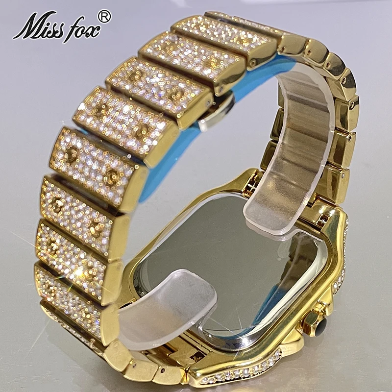 MISSFOX Luxury Gold Watch For Men Fashion Waterproof Quartz Clocks Hip Hop Iced Diamond Square Wristwatch Man Gift Free Shopping