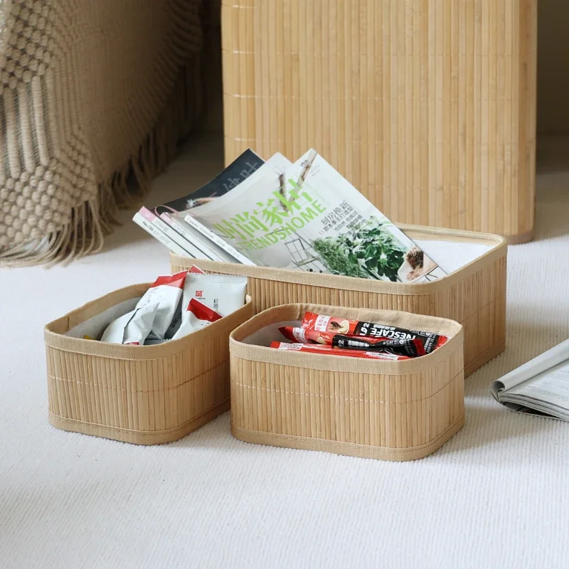 

3PCS Bamboo Weaving Storage Baskets Snacks and Sundries Basket Desktop Storage Bins Clothing Toy Organizer 1pc Large 2pcs Small