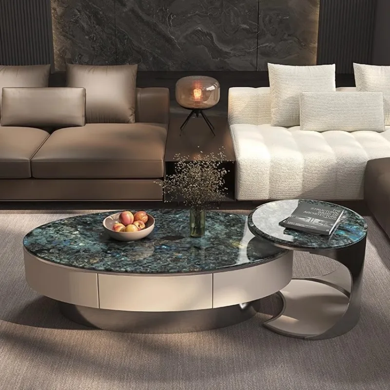 

Natural marble coffee table Italian light luxury oval size combination tea table premium coffee table living room 2024 new
