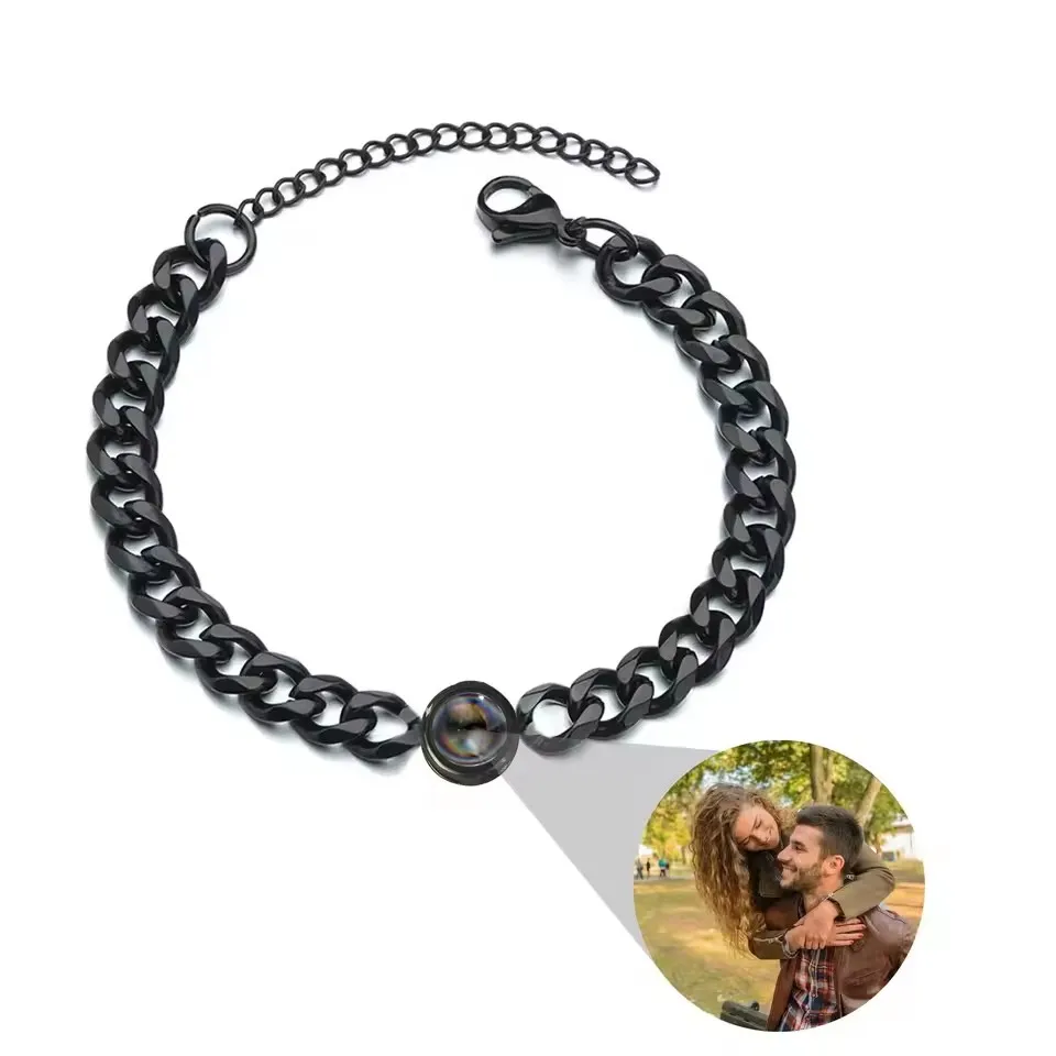 

Custom Projection Personality Memorial Birthday Christmas Gift Personalized Circle Photo Bracelet 17+5cm Stainles Cuban Bracelet