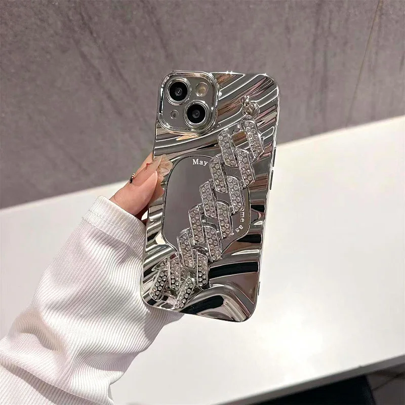 جراب هاتف آيفون 16 15 14 13 12 11 X XS XR Pro Max Plus INS الكورية نمط موجة مرآة لوضع مساحيق التجميل الغطاء الواقي مع سوار