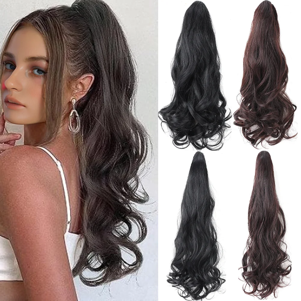 

18/24 Inch Long Curly Wavy Clip in Synthetic Wigs, Synthetic Hair Extensions for Women, Natural Fluffy Ponytail Extension