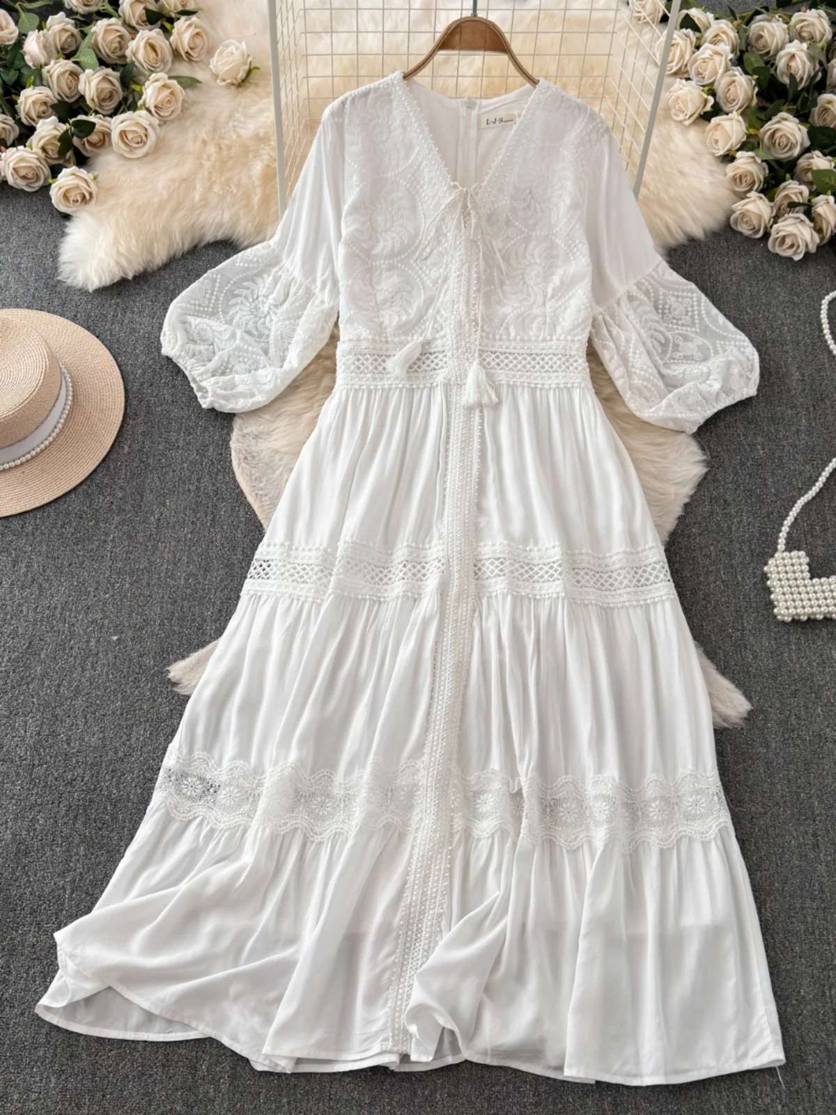 เดรสยาวสไตล์เรโทรสำหรับผู้หญิง รุ่น Dr Summer ดีไซน์หรูหรา ตกแต่งด้วยลูกไม้ปักลาย สไตล์เกาหลี ทรงหลวม เอวไม่รัด