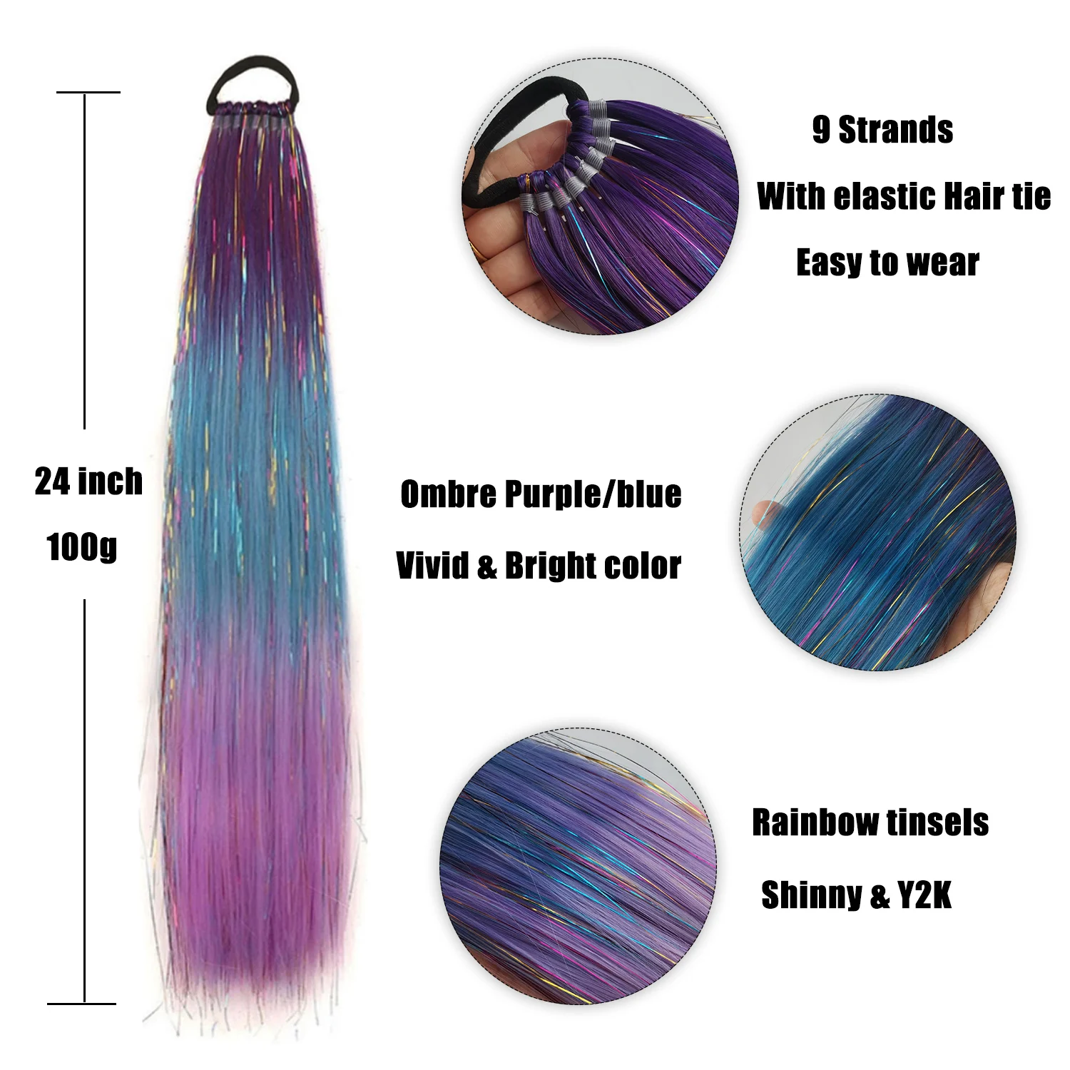 Extension de queue de cheval Tinsel avec cheveux élastiques pour enfants, tressage synthétique pour filles, cheveux élan, tresses de jour, bleu et violet