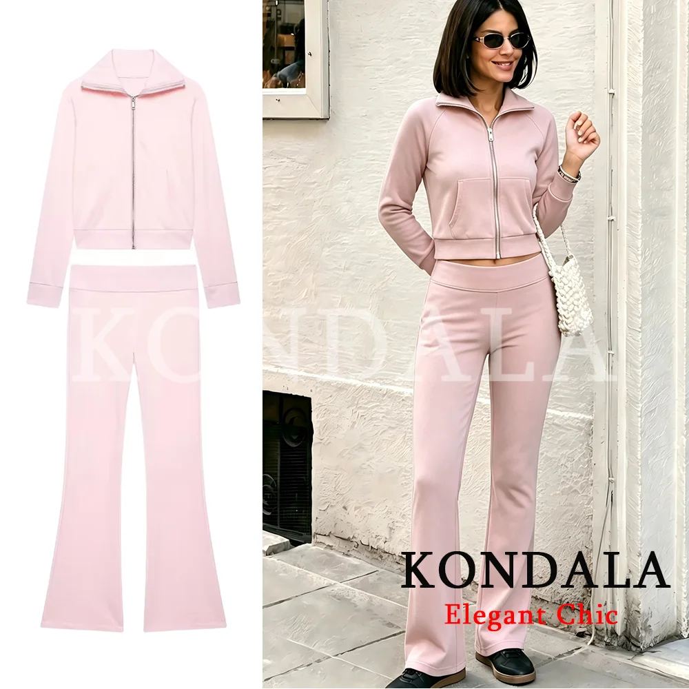 KONDALA Damen Trendiges High-Street Slim-Hosen-Set mit Revers, Reißverschlusstaschen, Jacke und Schlaghose, Neue Mode 2026 Frühherbst Mujer Set – Detail 6