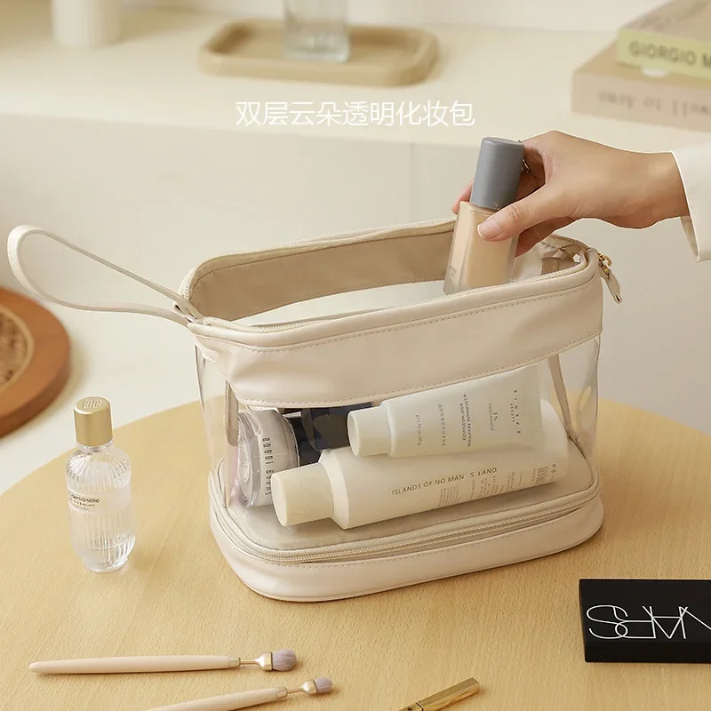 

Clear Double Layer Makeup Bag for Women Toiletry Bag Large Capacity PU Cosmetic Bag Brush Storage Travel Essential Female