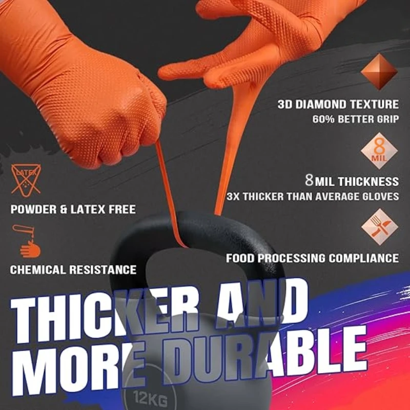 8mil قفازات النتريل الثقيلة القابل للتصرف البرتقال الصناعية الماس محكم قفازات العمل للرجال البستنة ميكانيكي السيارات